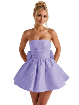 A-Line Strapless Short Jacquard Prom Dresses With Bow
