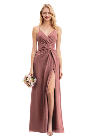 A-line V-Neck Floor-Length Chiffon Bridesmaid Dress With Ruffle