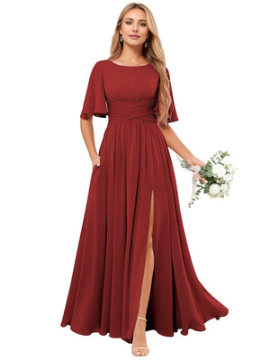 A-line Scoop Floor-Length Chiffon Bridesmaid Dress With Ruffle