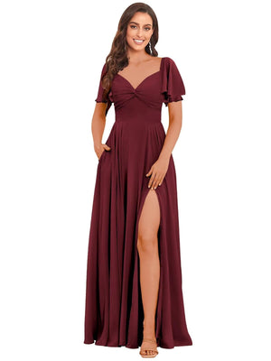 A-line V-Neck Floor-Length Chiffon Bridesmaid Dress With Ruffle
