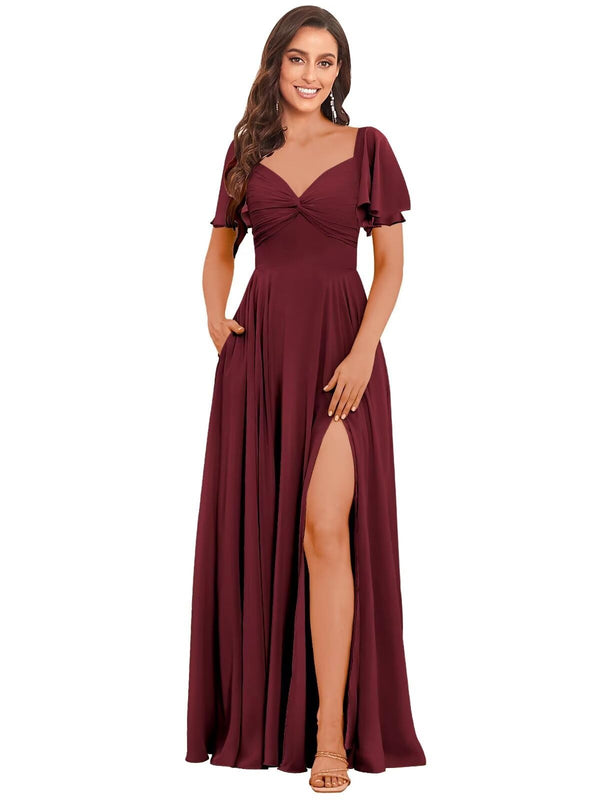 A-line V-Neck Floor-Length Chiffon Bridesmaid Dress With Ruffle