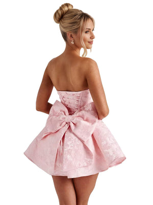 A-Line Strapless Short Jacquard Prom Dresses With Bow