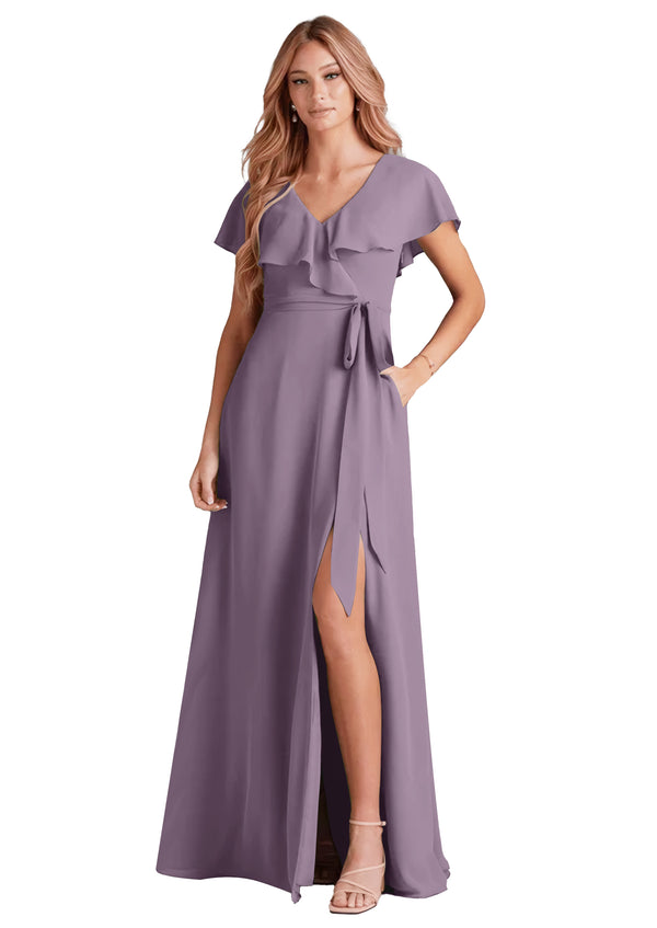 A-line V-Neck Floor-Length Chiffon Bridesmaid Dress With Ruffle