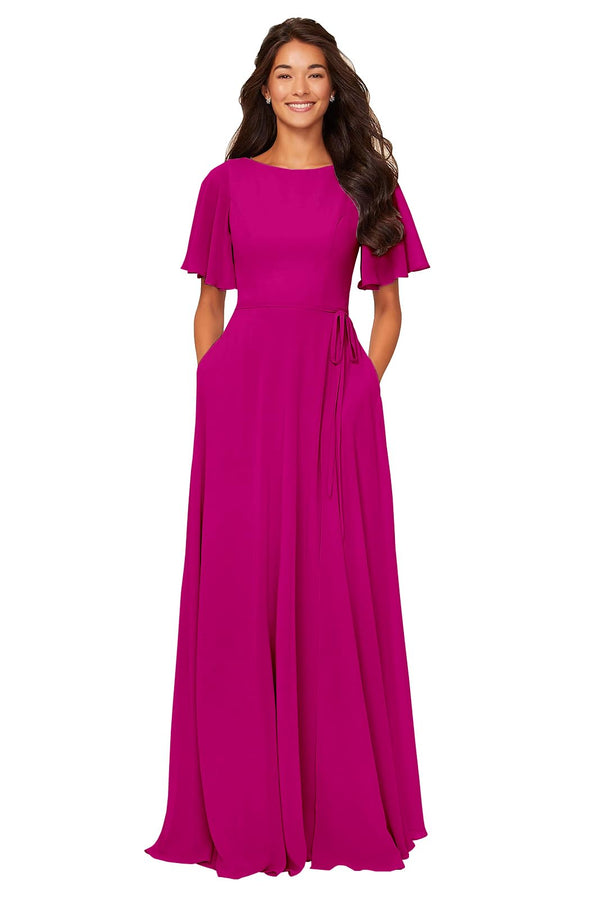 A-line Scoop Floor-Length Chiffon Bridesmaid Dress With Ruffle