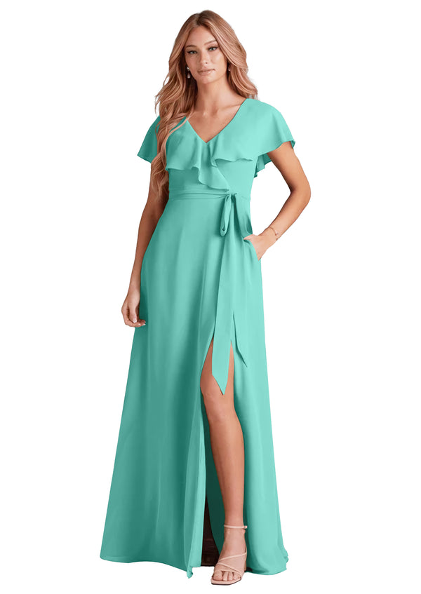 A-line V-Neck Floor-Length Chiffon Bridesmaid Dress With Ruffle