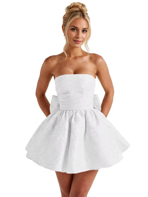 A-Line Strapless Short Jacquard Prom Dresses With Bow