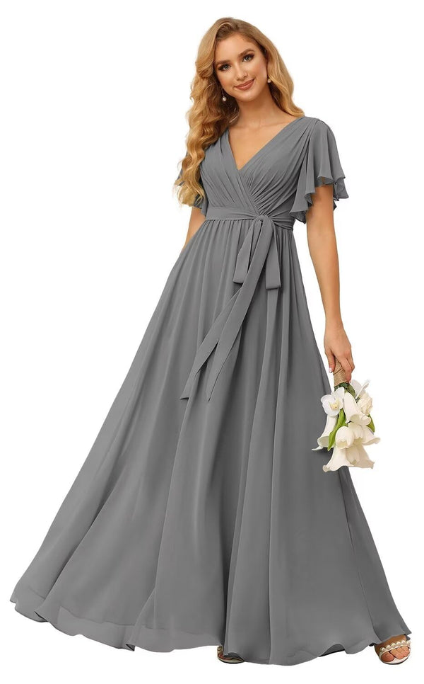 A-line V-Neck Floor-Length Chiffon Bridesmaid Dress With Ruffle