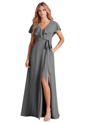 A-line V-Neck Floor-Length Chiffon Bridesmaid Dress With Ruffle