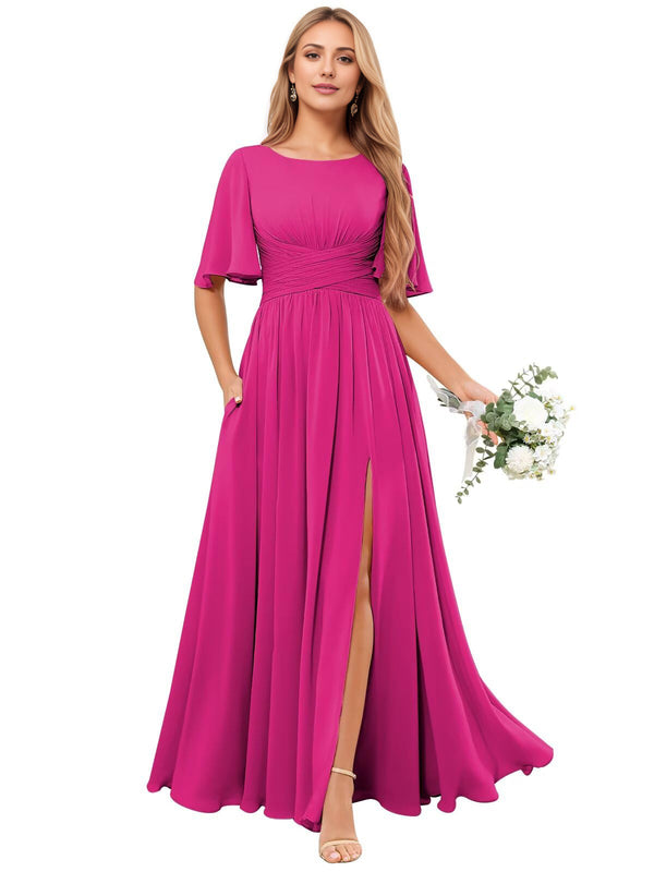 A-line Scoop Floor-Length Chiffon Bridesmaid Dress With Ruffle