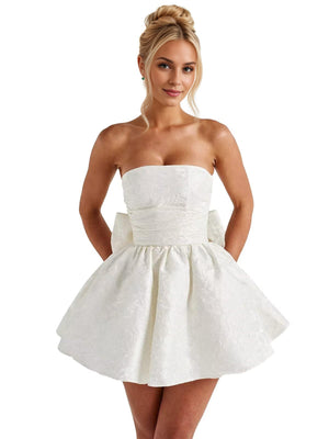A-Line Strapless Short Jacquard Prom Dresses With Bow