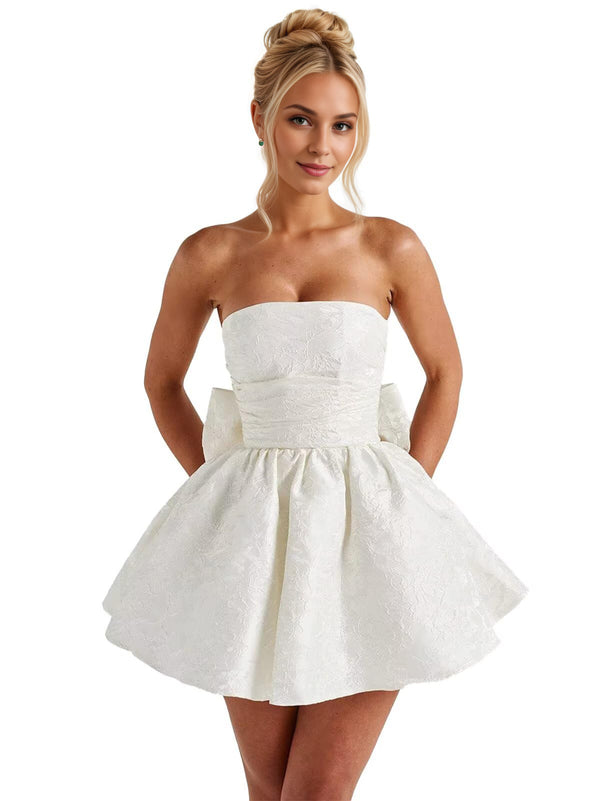 A-Line Strapless Short Jacquard Prom Dresses With Bow
