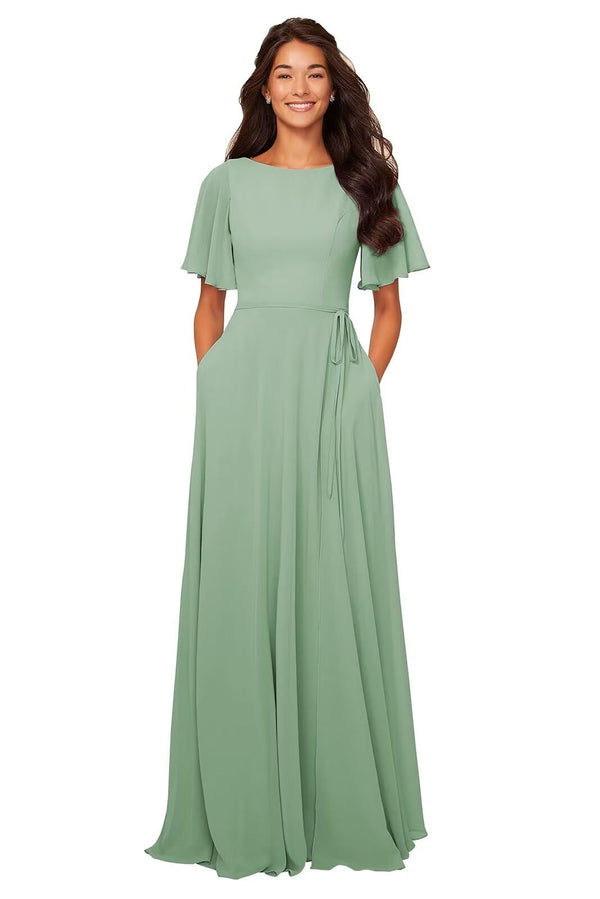 A-line Scoop Floor-Length Chiffon Bridesmaid Dress With Ruffle