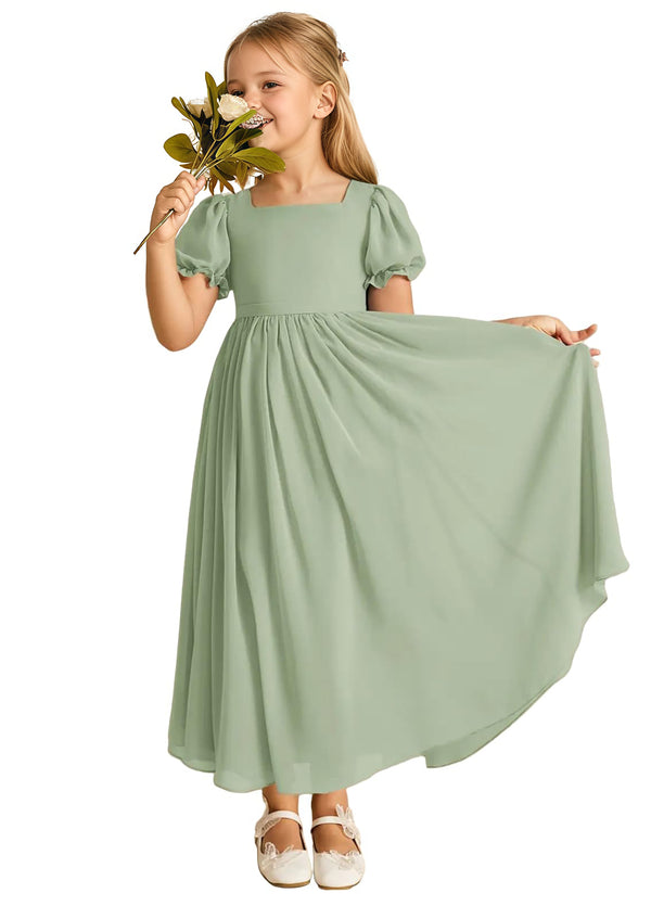 A-line Scoop-Neck Short Sleeves Chiffon Junior Bridesmaid Dress