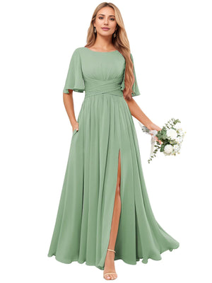 A-line Scoop Floor-Length Chiffon Bridesmaid Dress With Ruffle