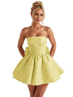 A-Line Strapless Short Jacquard Prom Dresses With Bow