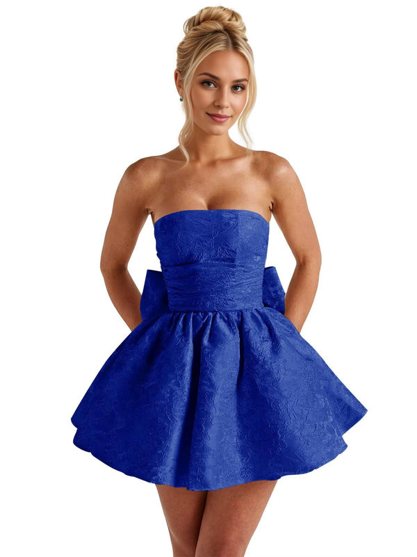 A-Line Strapless Short Jacquard Prom Dresses With Bow