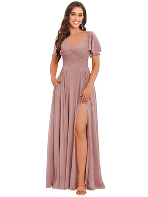 A-line V-Neck Floor-Length Chiffon Bridesmaid Dress With Ruffle