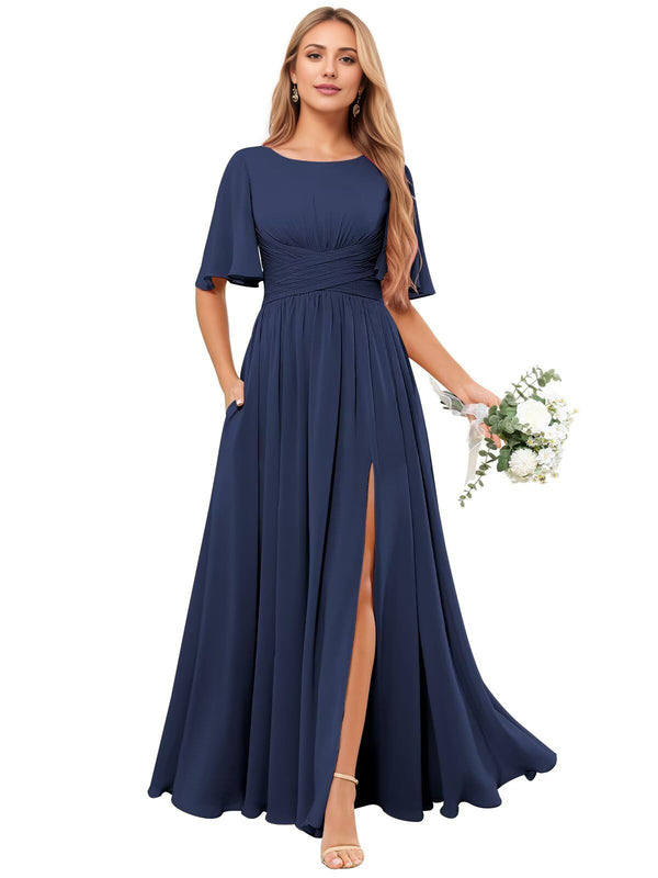 A-line Scoop Floor-Length Chiffon Bridesmaid Dress With Ruffle