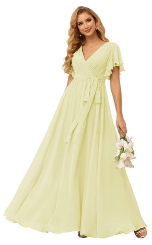 A-line V-Neck Floor-Length Chiffon Bridesmaid Dress With Ruffle
