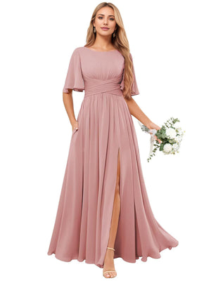 A-line Scoop Floor-Length Chiffon Bridesmaid Dress With Ruffle