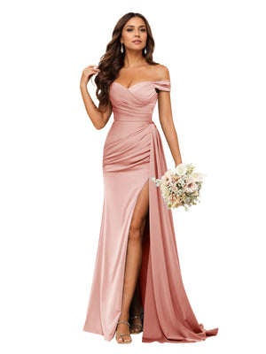 Trumpet/Mermaid Off the Shoulder Sweep Train Satin Prom Dresses