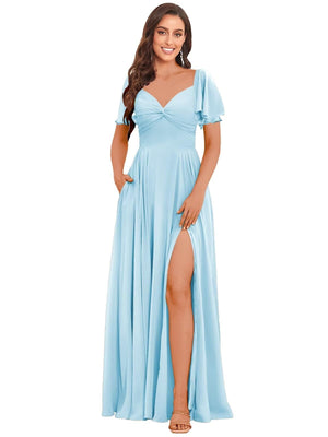 A-line V-Neck Floor-Length Chiffon Bridesmaid Dress With Ruffle