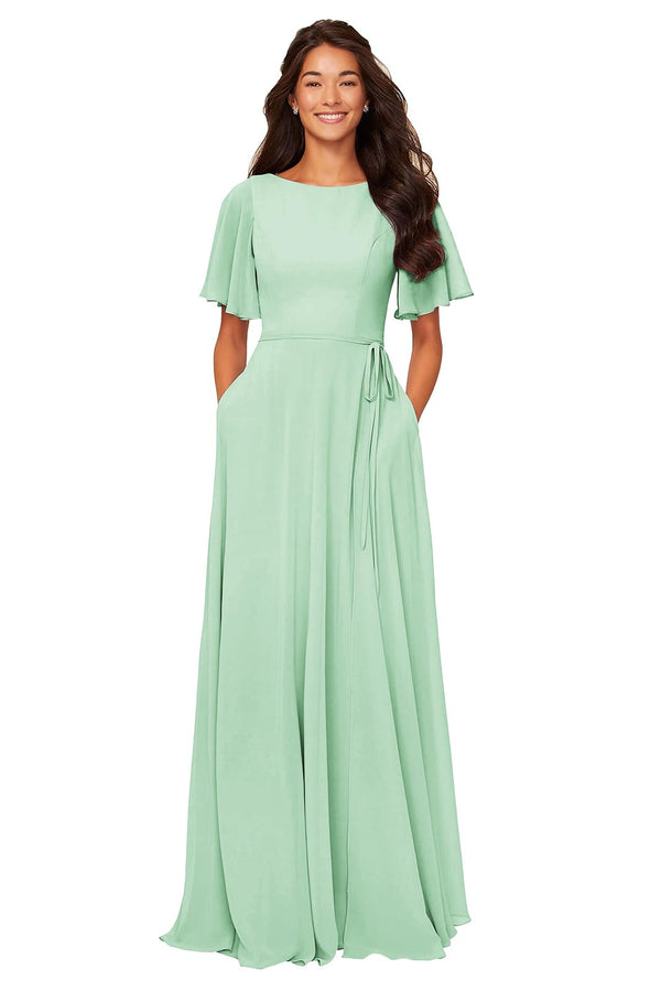 A-line Scoop Floor-Length Chiffon Bridesmaid Dress With Ruffle