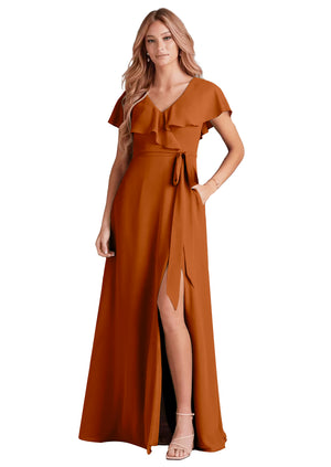 A-line V-Neck Floor-Length Chiffon Bridesmaid Dress With Ruffle