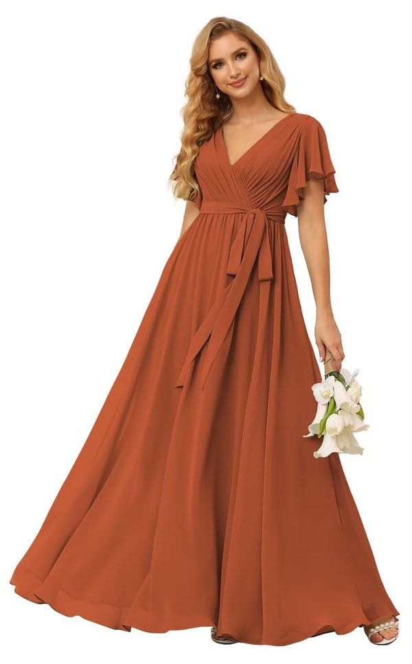 A-line V-Neck Floor-Length Chiffon Bridesmaid Dress With Ruffle
