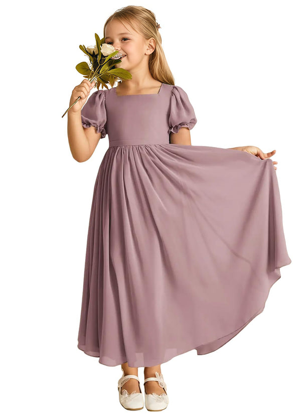 A-line Scoop-Neck Short Sleeves Chiffon Junior Bridesmaid Dress