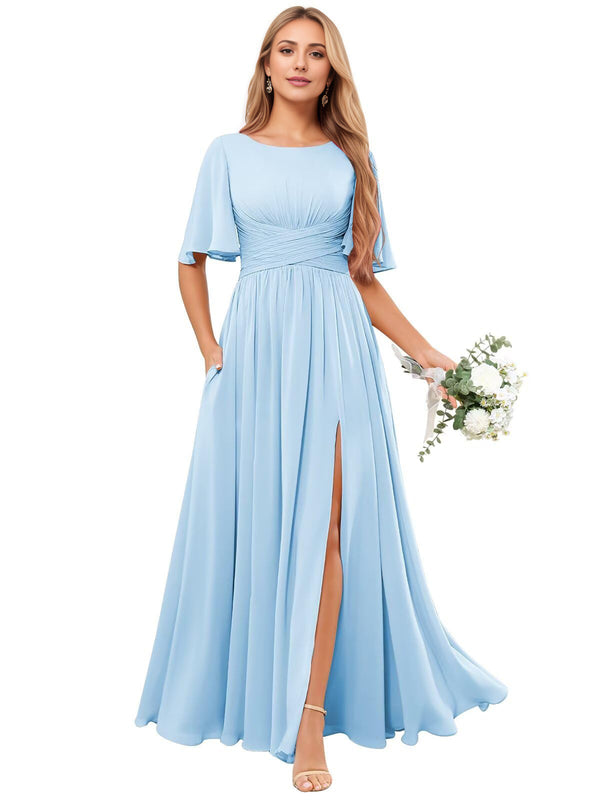 A-line Scoop Floor-Length Chiffon Bridesmaid Dress With Ruffle