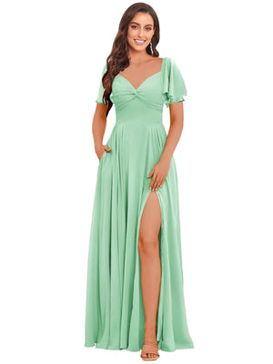 A-line V-Neck Floor-Length Chiffon Bridesmaid Dress With Ruffle