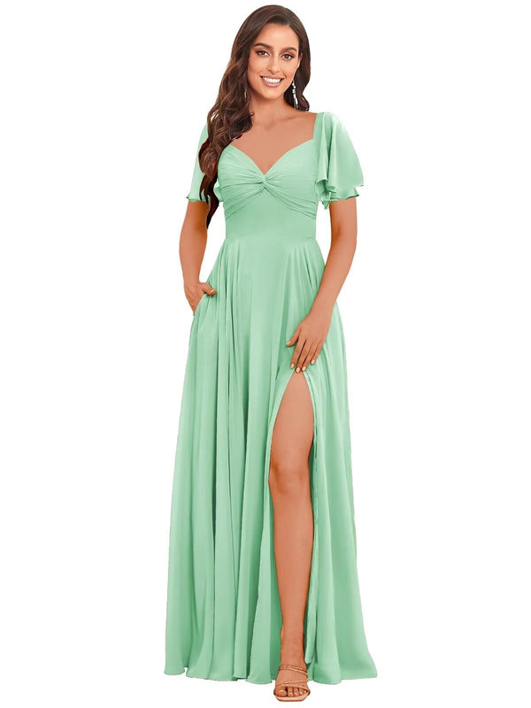 A-line V-Neck Floor-Length Chiffon Bridesmaid Dress With Ruffle
