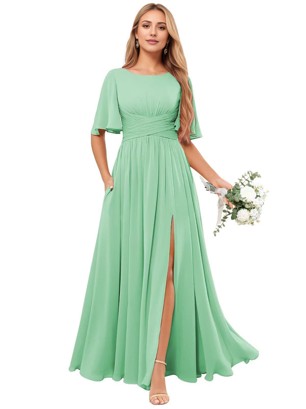 A-line Scoop Floor-Length Chiffon Bridesmaid Dress With Ruffle