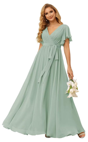A-line V-Neck Floor-Length Chiffon Bridesmaid Dress With Ruffle