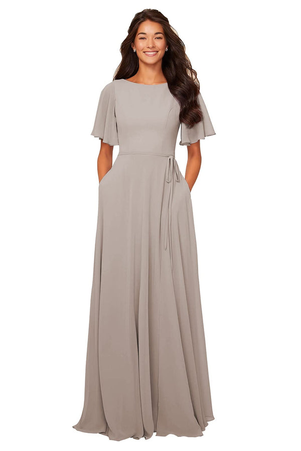A-line Scoop Floor-Length Chiffon Bridesmaid Dress With Ruffle