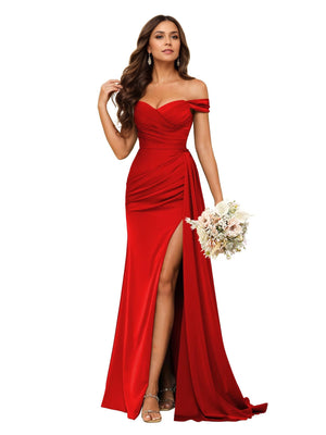 Trumpet/Mermaid Off the Shoulder Sweep Train Satin Prom Dresses