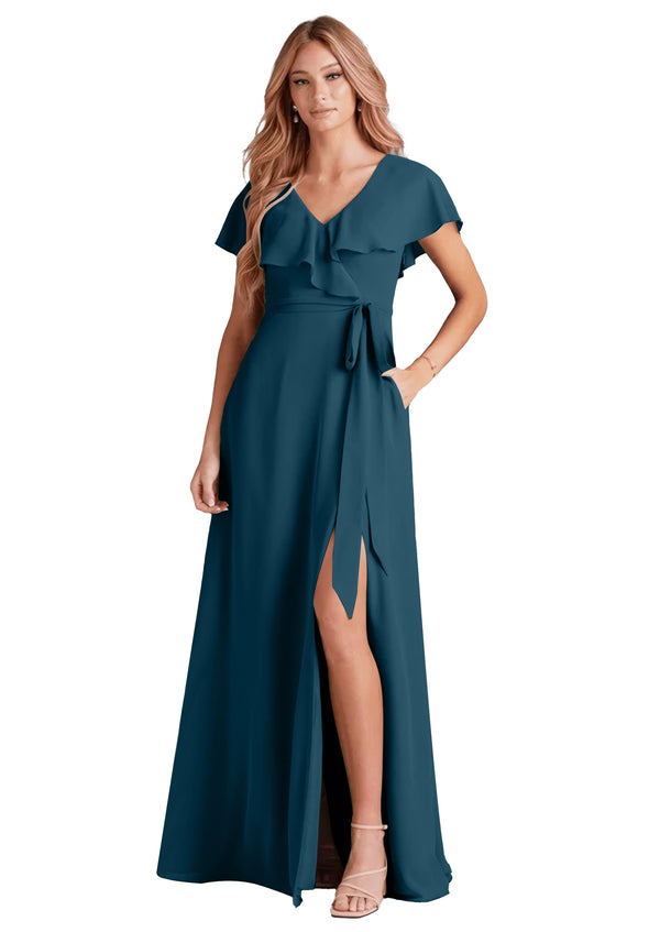 A-line V-Neck Floor-Length Chiffon Bridesmaid Dress With Ruffle