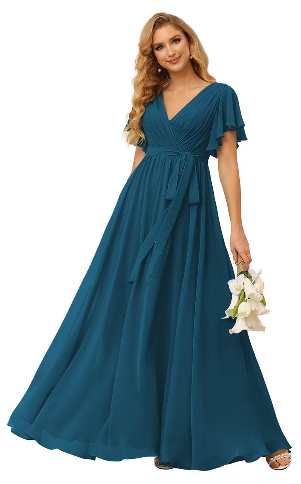 A-line V-Neck Floor-Length Chiffon Bridesmaid Dress With Ruffle