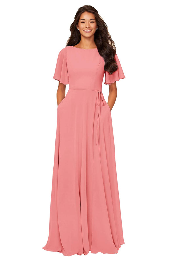 A-line Scoop Floor-Length Chiffon Bridesmaid Dress With Ruffle