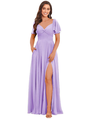 A-line V-Neck Floor-Length Chiffon Bridesmaid Dress With Ruffle