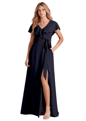 A-line V-Neck Floor-Length Chiffon Bridesmaid Dress With Ruffle