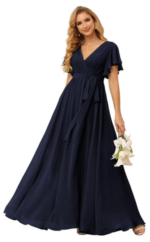 A-line V-Neck Floor-Length Chiffon Bridesmaid Dress With Ruffle