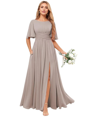 A-line Scoop Floor-Length Chiffon Bridesmaid Dress With Ruffle