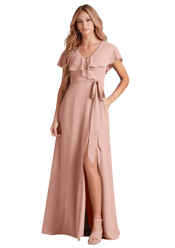 A-line V-Neck Floor-Length Chiffon Bridesmaid Dress With Ruffle