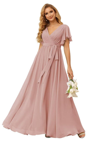 A-line V-Neck Floor-Length Chiffon Bridesmaid Dress With Ruffle