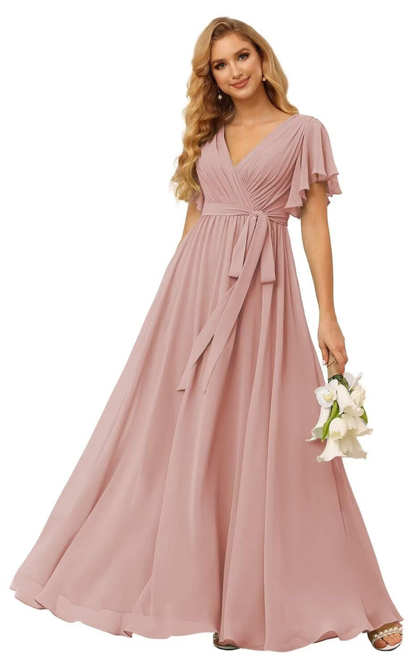 A-line V-Neck Floor-Length Chiffon Bridesmaid Dress With Ruffle