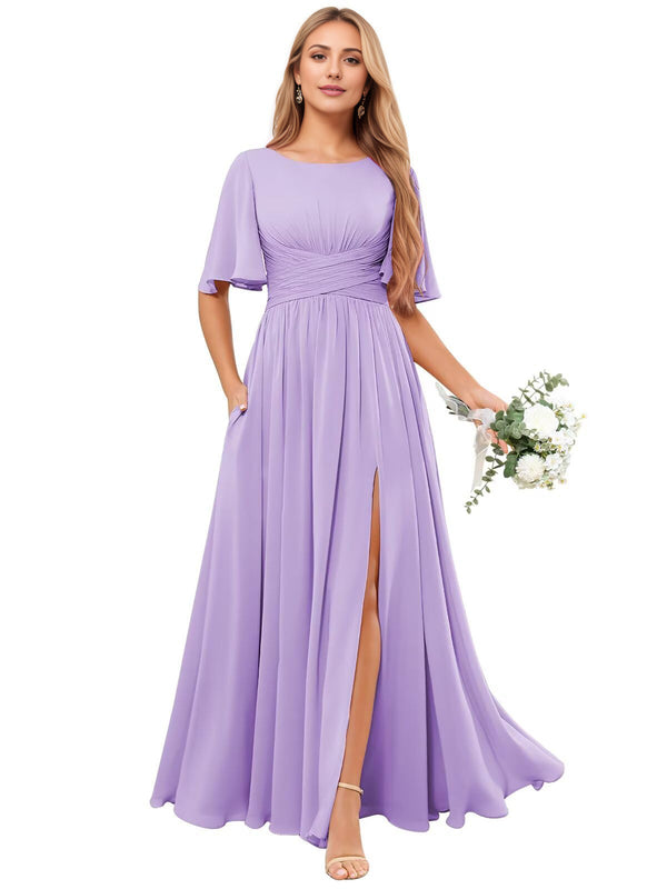 A-line Scoop Floor-Length Chiffon Bridesmaid Dress With Ruffle