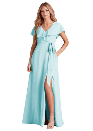 A-line V-Neck Floor-Length Chiffon Bridesmaid Dress With Ruffle