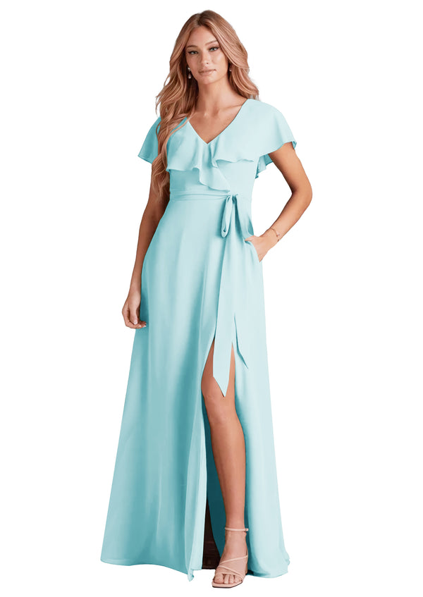A-line V-Neck Floor-Length Chiffon Bridesmaid Dress With Ruffle